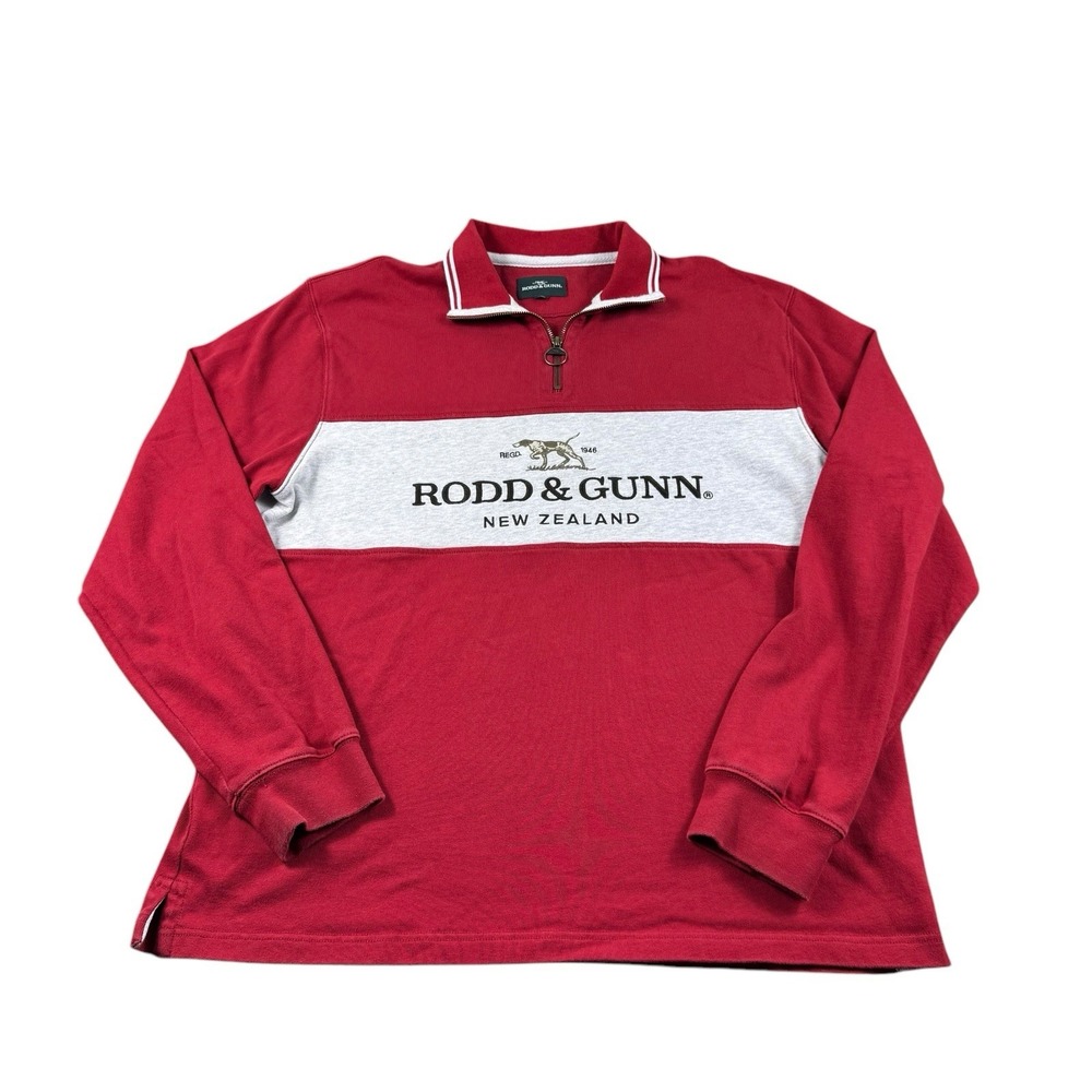 Rodd & Gunn Mens Red White Stripe Embroidered Spellout 1/2 Zip Sweater 2XL